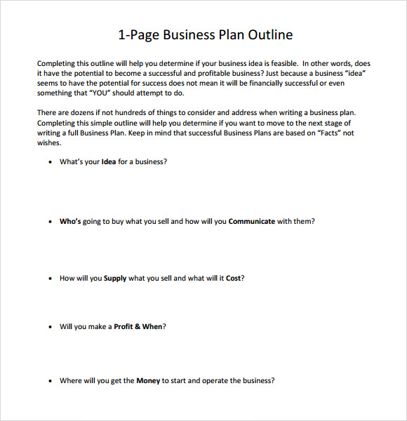 One Page Business Plan Outline