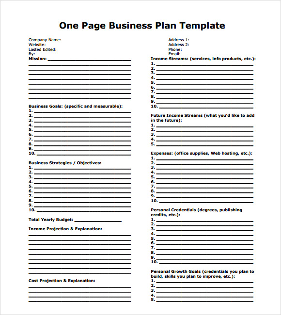 one page business plan template