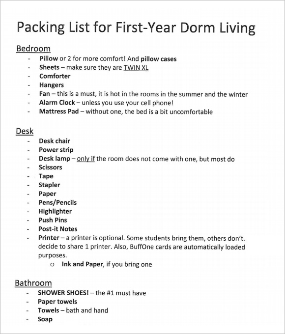 Free 9 Sample Dorm Room Checklists In Google Docs Ms Word