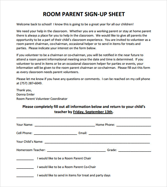 parent sign up sheet template