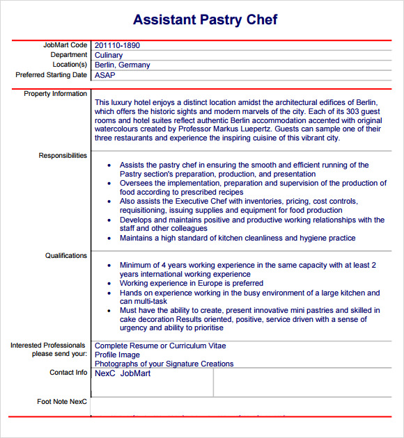 pastry chef resume template