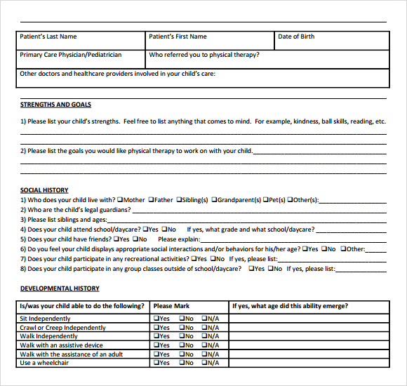 pediatric physical therapy evaluation form