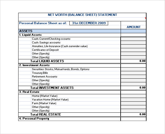 Personal Financial Statement Excel Spreadsheet