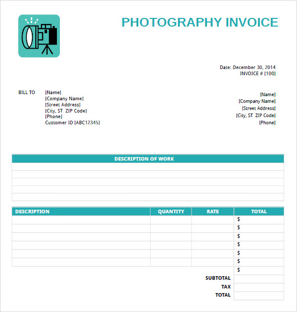 professional photography invoice template