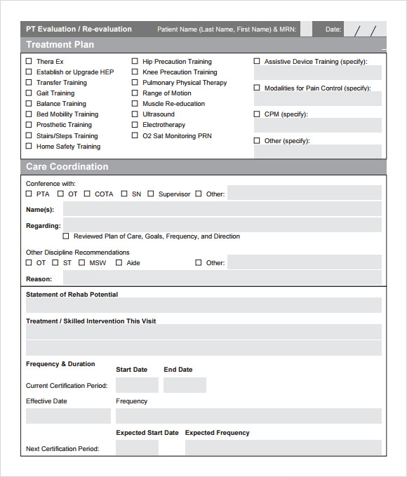 Printable Pediatric Physical Therapy Evaluation Template Printable