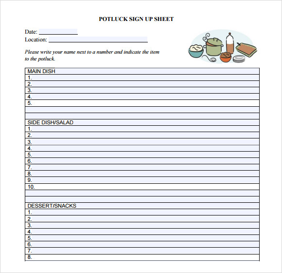 Sample Of Potluck Sign Up Sheet