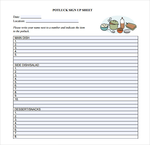 Potluck Sign Up Sheet Template