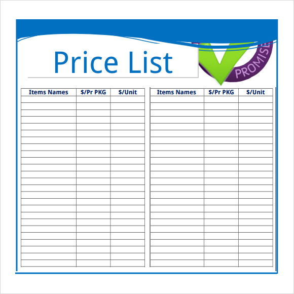 8  Sample Price Sheets  Sample Templates