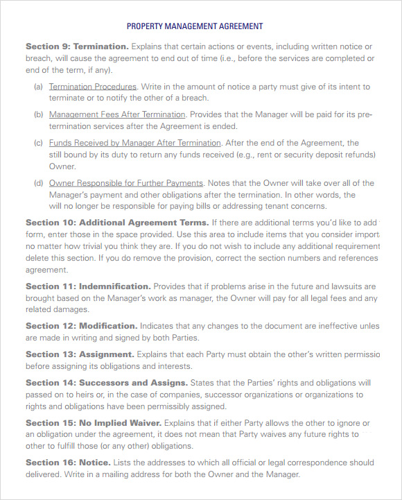 a form example of contract Sample Management Agreement to Templates Property 9