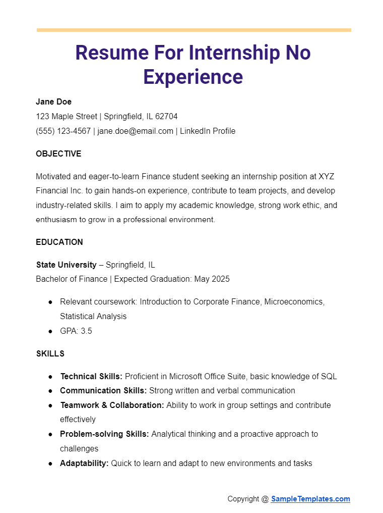 resume for internship no experience