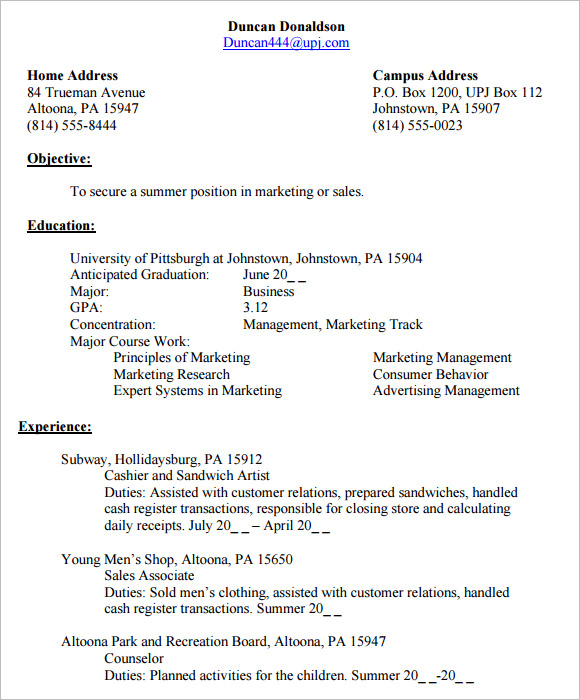 resumes for undergraduates