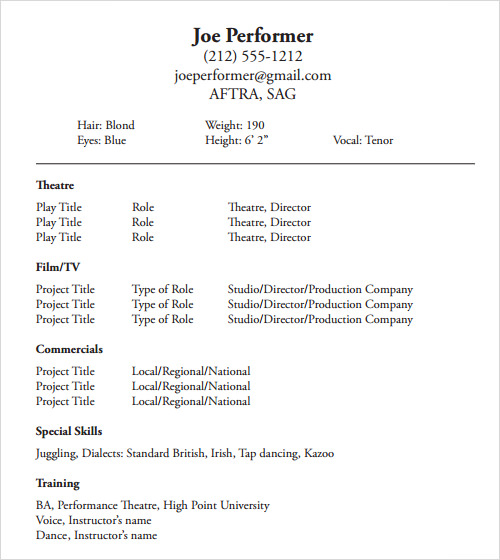 sample acting resume template