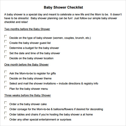 sample baby shower checklist