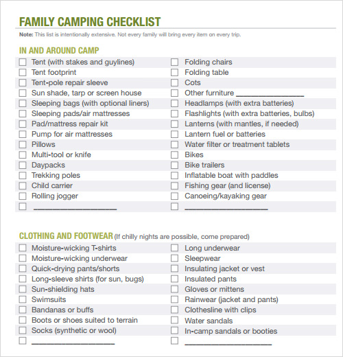 sample camping checklist