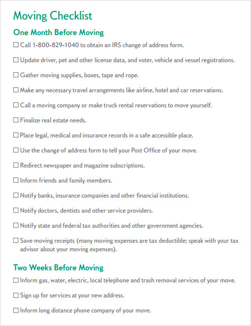 sample moving checklist