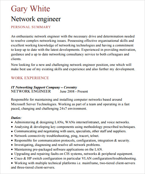 sample network engineer resume template