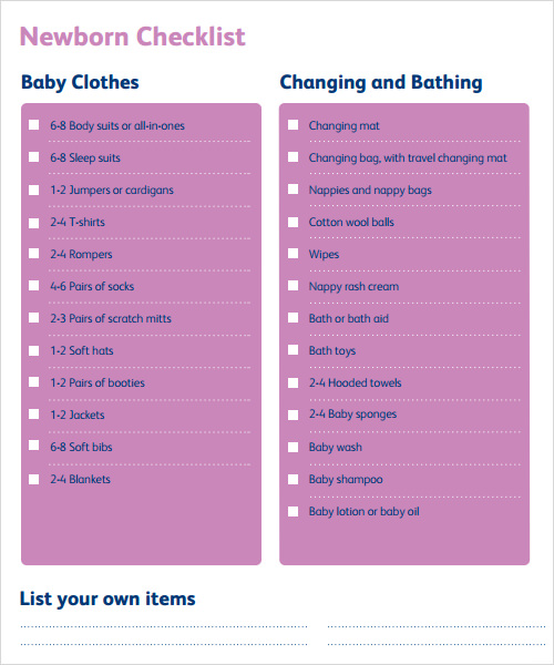 sample newborn checklist