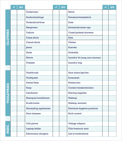 sample packing checklist