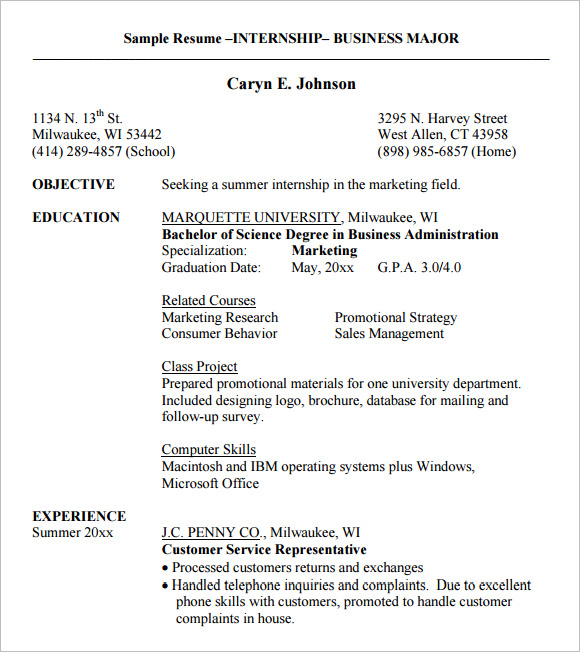 Free 9 Internship Resume Templates In Pdf Ms Word