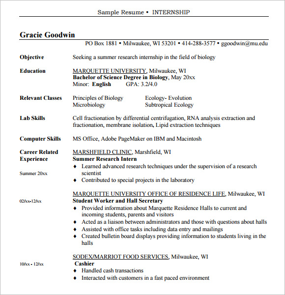 internship resume  u2013 9  free samples   examples   format