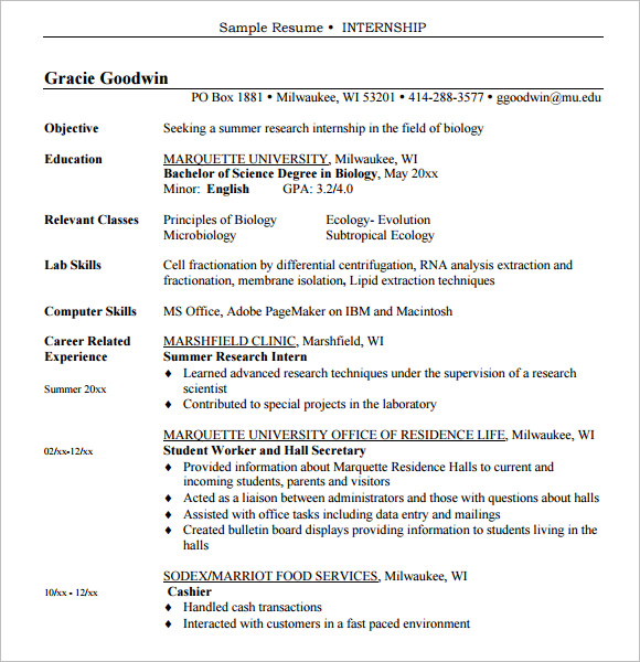 sample resume internship