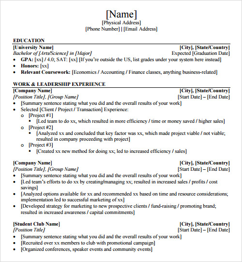 sample resume templates for students