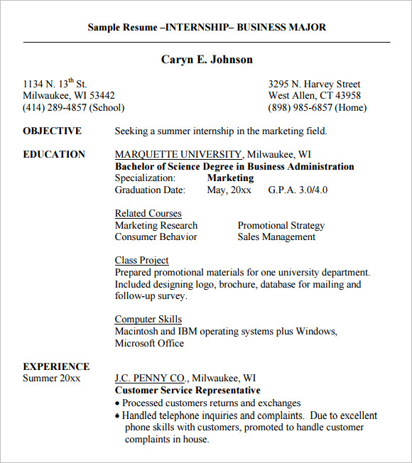 sample resume –internship– business major