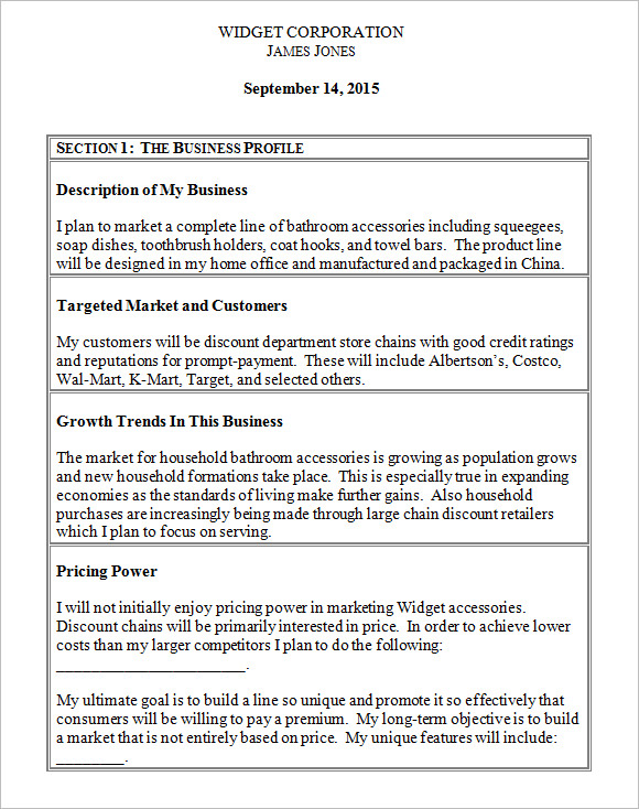 example of business and product position in business plan