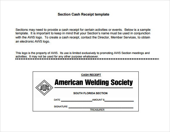 section cash receipt template