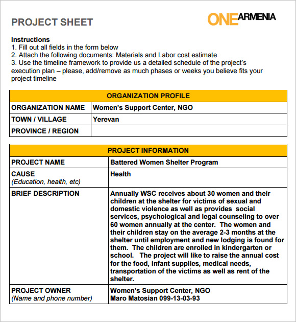 shelter project sheet