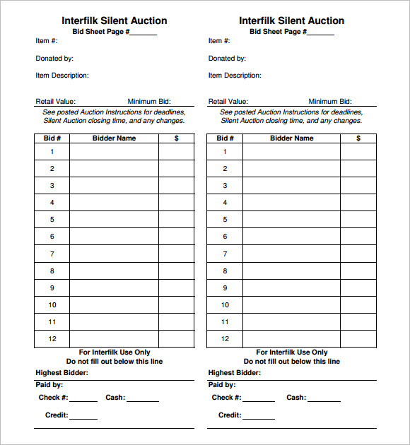 silent action bid sheet 2