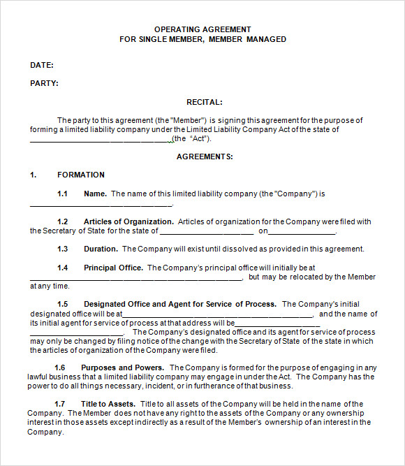 single member llc operating agreement template free