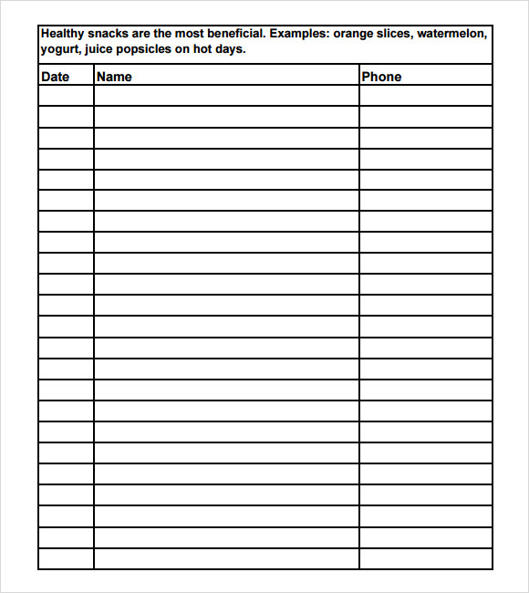 Snack Sign Up Sheet Template