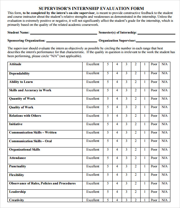supervisor internship evaluation template