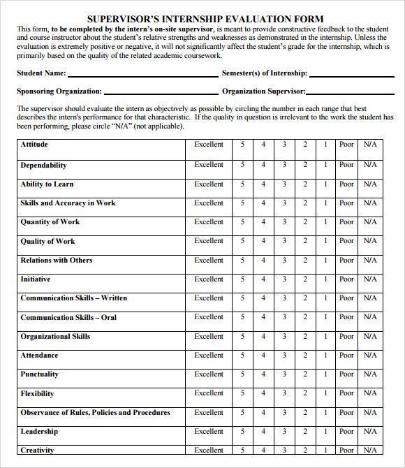 Printable Supervision Template Printable Templates   Supervisor Internship Evaluation Template 