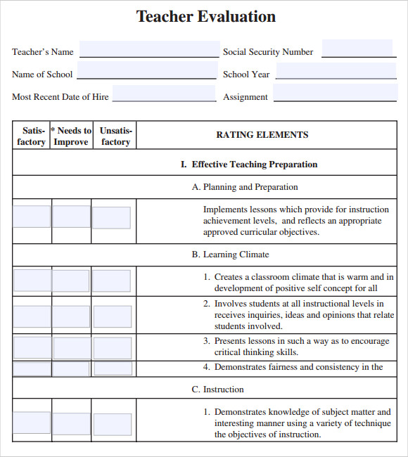 teacher evaluation form example