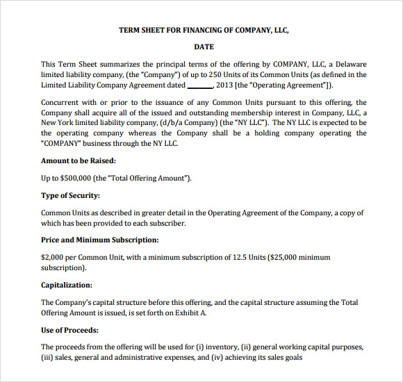 term sheet template sample