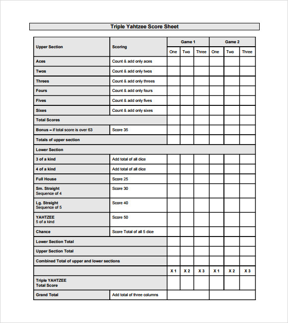 triple yahtzee score sheet printable free