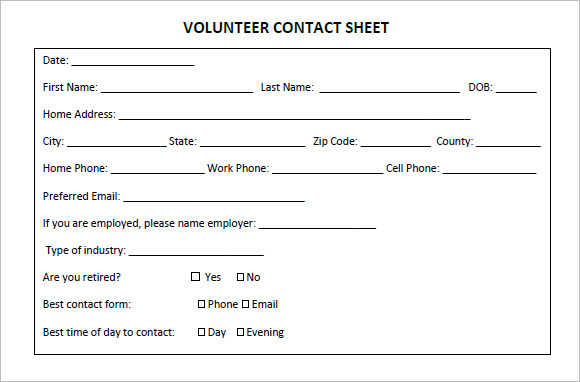 volunteer contact sheet