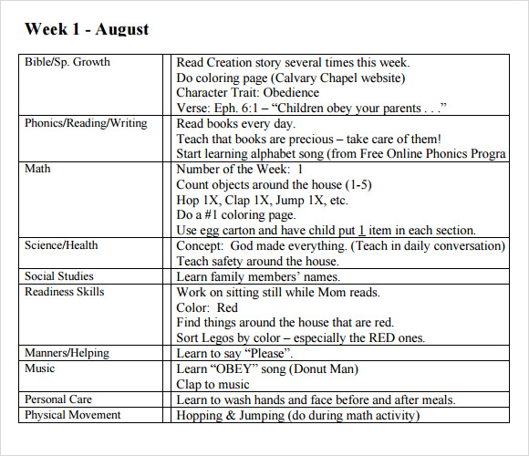 weekly preschool lesson plan template