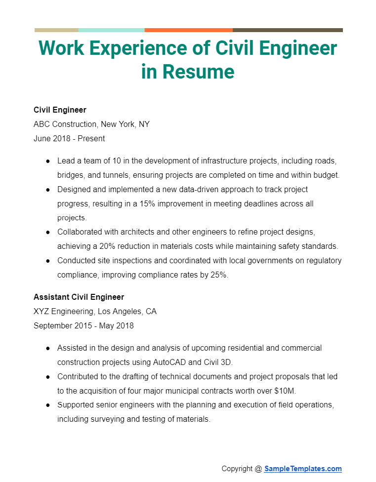 work experience of civil engineer in resume