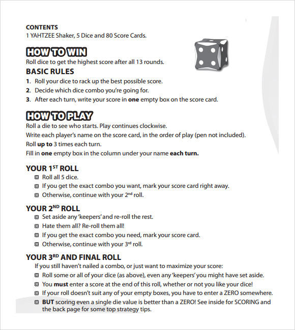 yahtzee rules score sheet