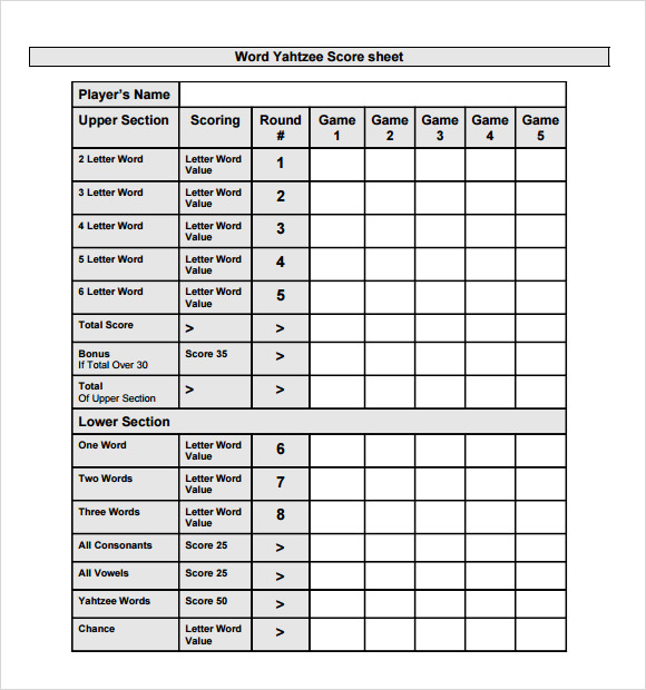 poker dice scoring sheet