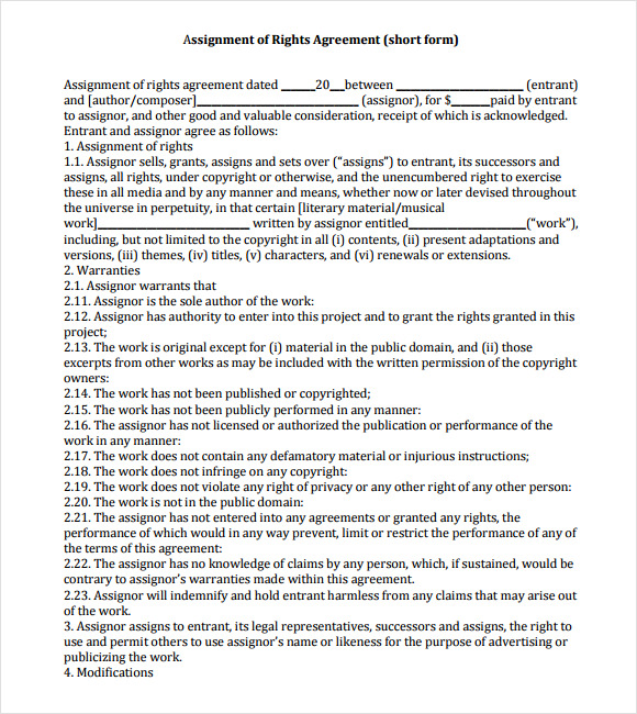 rights agreement template free assignment of Assignment    Sample 6 Agreements Templates Sample