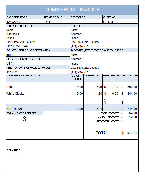 commercial invoice template excel