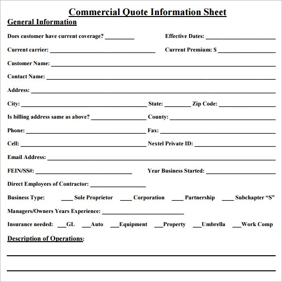 commercial quote sheet