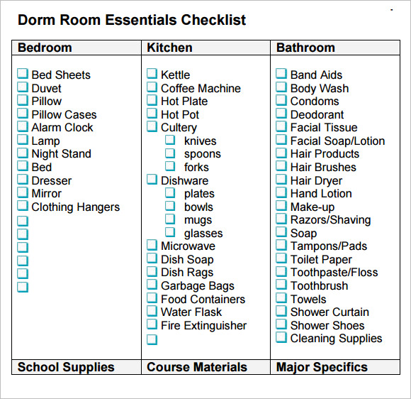 checklist for college dorm room
