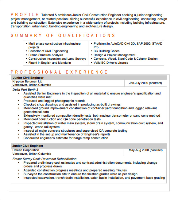 Free 6 Sample Civil Engineer Resume Templates In Pdf Ms Word