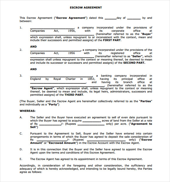 Free Escrow Agreement Template Printable Templates