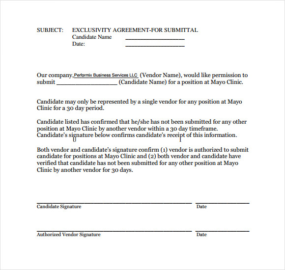 exclusivity agreement form